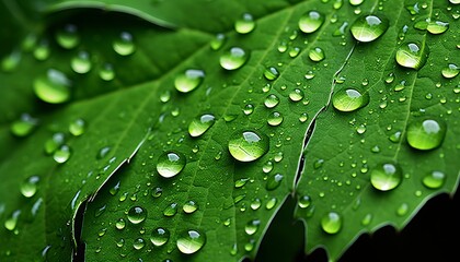 Vibrant green leaf with glistening raindrops showcasing intricate texture in super macro shot