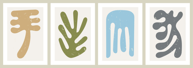 Hand drawn abstract colorful poster set. Modern wall art with organic shapes. Contemporary artworks with creative botanical elements. Interior decorations set. Colored flat vector illustrations.