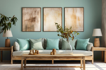 Step into a space of tranquility with light blue and aqua sofas complemented by a wooden table. 