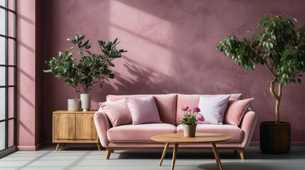 Step into a stylish Scandinavian-inspired living room where a pink velvet loveseat sofa takes center stage, complemented by a wooden cabinet and a vibrant potted houseplant. 