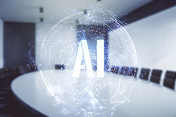 Creative artificial Intelligence symbol hologram on a modern coworking room background. Double...