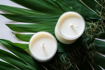 Two candles, coconut wax, soy wax, table, vase, green leaves, white interior, top view. Generative AI