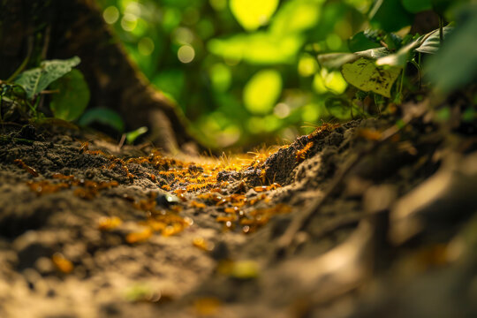 Termite foraging trail, a captivating image featuring a termite foraging trail on a forest floor or other natural setting.