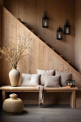 Fototapeta na wymiar Step into the warmth of a cozy Scandinavian entrance hall adorned with wooden paneling. 