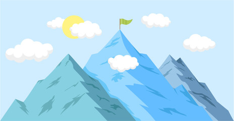 Mountains vector illustration flat style with clouds and sun with sky. Landscape vector for print, web, blog, poster, advertisement, tourism, climbing, victory, achievement, milestone and more.  