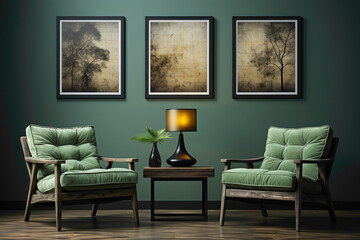 Transform your space with two chairs in refreshing green and charcoal grey colors, gracefully positioned against a blank wall. 