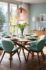 Transport yourself to a modern dining room with Scandinavian flair, featuring turquoise chairs surrounding a wooden round dining table. 