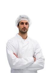 portrait of a worker in a food processing plant, studio isolated on a white background.