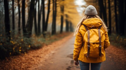 Fototapeta premium Stunning autumn foliage backdrop as an active hiker woman explores a picturesque forest hiking trail