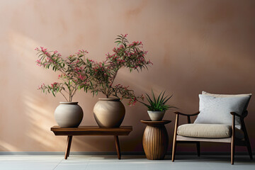 Two chairs and a table with a cute little plant, perfectly arranged against a simple solid wall with a blank empty white frame, creating a cozy corner for relaxation.