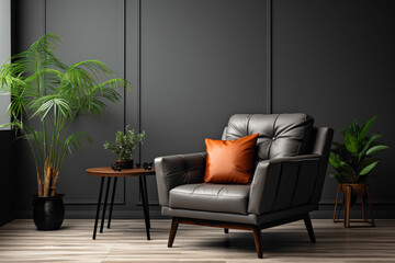 Unwind in style with a dark color single sofa chair complemented by a cute little plant, against a refined solid wall featuring a blank empty frame for your creative expressions.