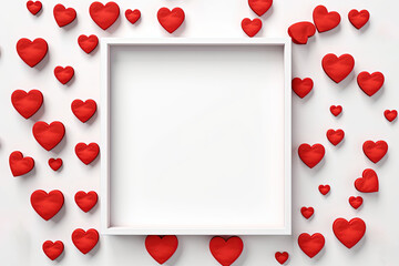 Empty Picture Frame with Red Hearts Decoration Valentine Card on White Wall Background