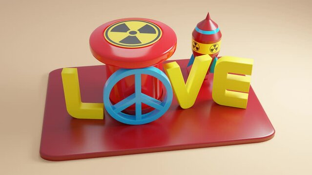 Loop 3d animation of the nuclear button and the word LOVE. The pacifist sign prevents pressing the nuclear button and launching a rocket with an atomic bomb. Love will save the world.
