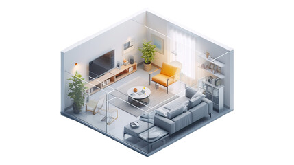isometric view of a living room interior, emphasizing transparency to showcase the design and layout in a clear backdrop