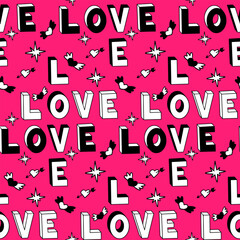 Vintage pattern with 3d word LOVE in 90s style