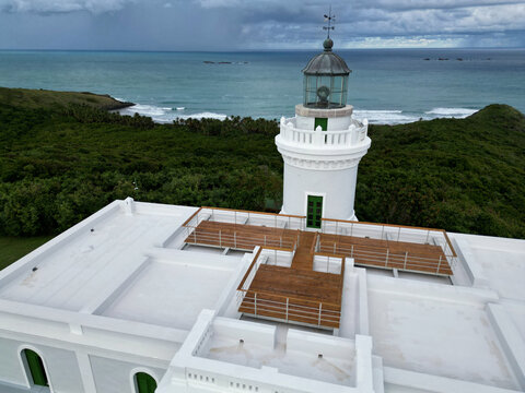 fajardo lighthouse detail aerial photo (drone image famous light house landmark on coast puerto rico) sea, cabezas national park, caribbean sea (from above, looking down, ocean waves) scenic travel