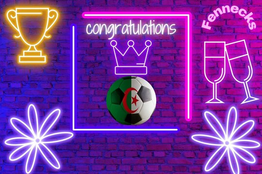 carte de f&eacute;licitations pour les fennecs  d&rsquo;Alg&eacute;rie, sur fond lumineux violet et bleu et un ballon de football aux couleurs du drapeau du d&rsquo;Alg&eacute;rie portant une couronne de roi