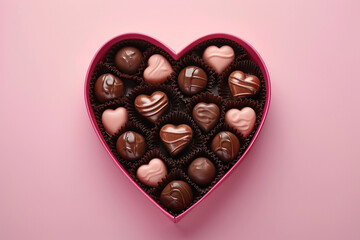Pink heart-shaped box with delicious chocolates on a pink background. St Valentines Day concept....