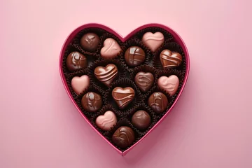 Foto op Aluminium Pink heart-shaped box with delicious chocolates on a pink background. St Valentines Day concept. Copy space. © Tanya
