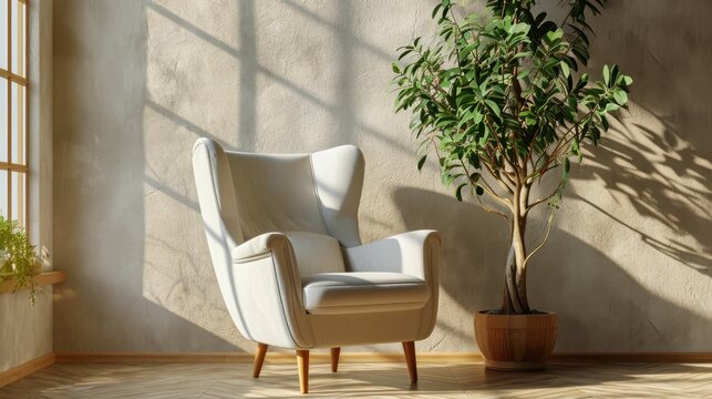 Cozy armchair in soft beige beside tall, leafy indoor plant.