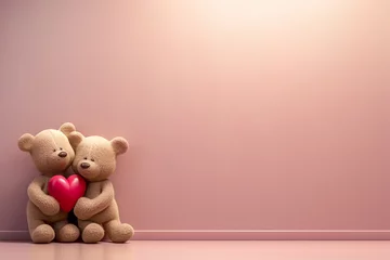 Fotobehang Two brown Teddy bears are sitting and holding a red heart against a pink background. Love theme. St Valentines Day concept. Copy space. © Tanya