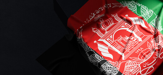 Flag of Afghanistan. Fabric textured Afghanistan flag isolated on dark background. 3D illustration - obrazy, fototapety, plakaty