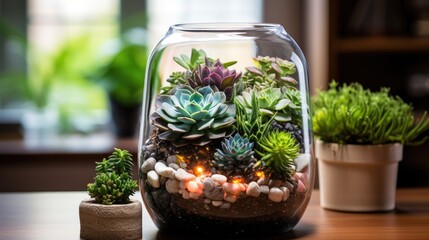 visually appealing image of a glass terrarium housing a variety of mini succulents, beautifully adorning a cozy windowsill