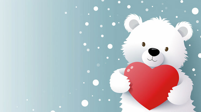 White polar bear holding red heart in his hands isolated on a soft blue background. St valentines day and love concept. Copy space.