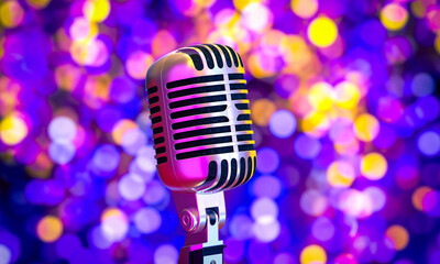 vintage microphone with blurred coloured lights in the background.