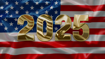 Happy New Year,. Happy 2025, New Year Concept, "2025" written on a simple USA flag background, united states, in bold text, golden text, Generative Ai