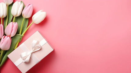 Valentine's Day and Mother's Day Background: Spring White Tulip Flower Gift Box with Ribbon on Flat Lay Pink Background