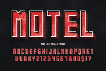 Condensed pixel neon alphabet design, stylized like in 8-bit games. - obrazy, fototapety, plakaty