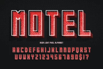 Rolgordijnen Retro compositie Condensed pixel neon alphabet design, stylized like in 8-bit games.