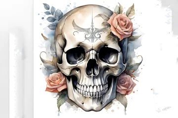 Stickers pour porte Crâne aquarelle skull and flower style watercolor