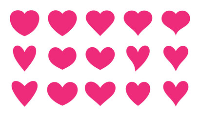 Set of hearts in pink color, Pink heart icons set vector, Set of 15 hearts of different shapes for web. Heart collection. Vector Art