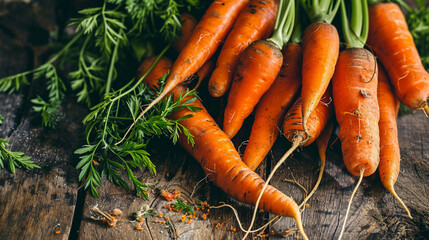 Freshly picked orange organic carrots on a wooden background.