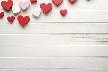 Valentine's Day Banner, White Wooden Background with White and Red 3D Hearts