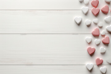 Valentine's Day Banner, White Wooden Background with White and Red 3D Hearts