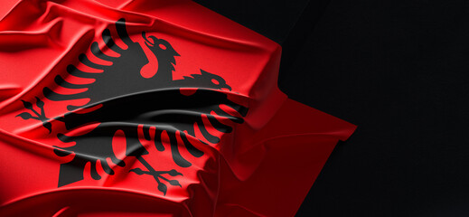Flag of Albania. Fabric textured Albania flag isolated on dark background. 3D illustration - obrazy, fototapety, plakaty