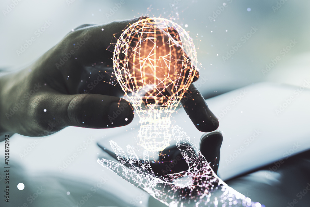 Poster creative light bulb hologram and hand working with a digital tablet on background, idea concept. mul