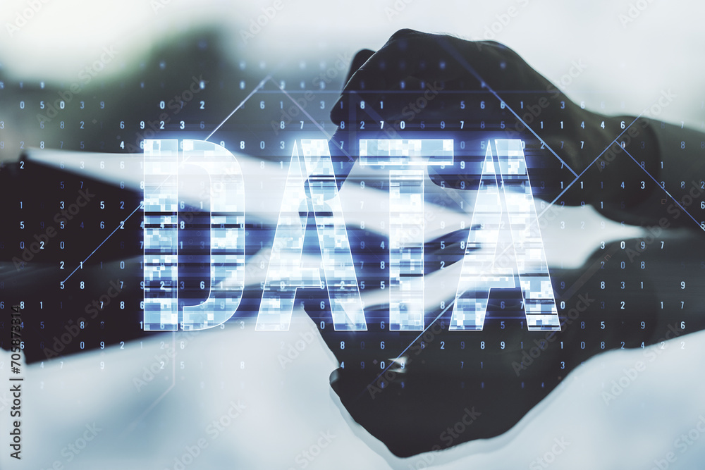 Poster creative data word sign and finger clicks on a digital tablet on background. multiexposure