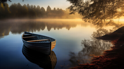 A photo captures the essence of a misty morning on a tranquil lake, with a rowboat by the peaceful...