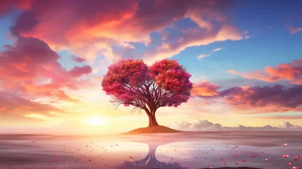 Papier Peint photo Lavable Violet Beautiful landscape with red heart tree and reflection in water at sunset.