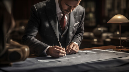 A photo captures a tailor measuring a suit with meticulous attention, ensuring a perfect fit and showcasing the art of bespoke tailoring.