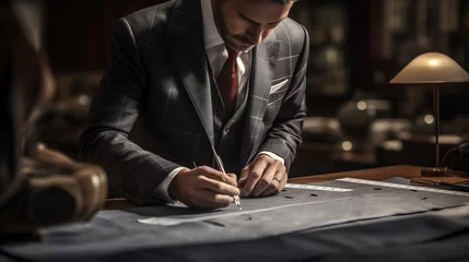 Foto op Plexiglas A photo captures a tailor measuring a suit with meticulous attention, ensuring a perfect fit and showcasing the art of bespoke tailoring. © Виталий Зубченко