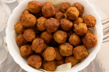 Top view of homemade meatballs, balls stuffed with meat fried with oil