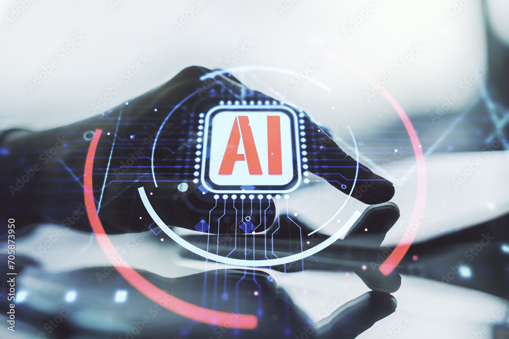 Poster double exposure of creative artificial intelligence abbreviation and hand working with a digital tab