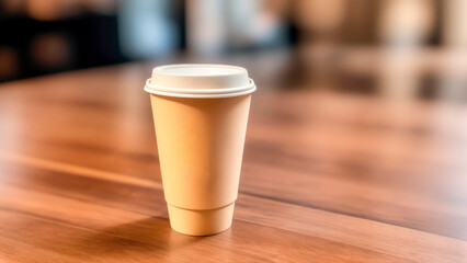 Takeaway coffee in brown paper cup with white plastic lid on a large smooth wooden table. Coffee to go. Blurred background. Natural side lighting. Minimalist style. Copy space. Mock-up.