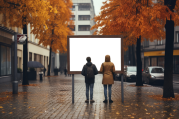 couple stands before an empty billboard on a foggy autumn morning, surrounded by the golden hues of fall leaves, creating a scene of quiet reflection