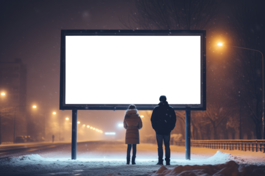 couple stands together, enveloped in a snowy evening, gazing at an empty billboard that cuts a dark silhouette against the city's soft glow